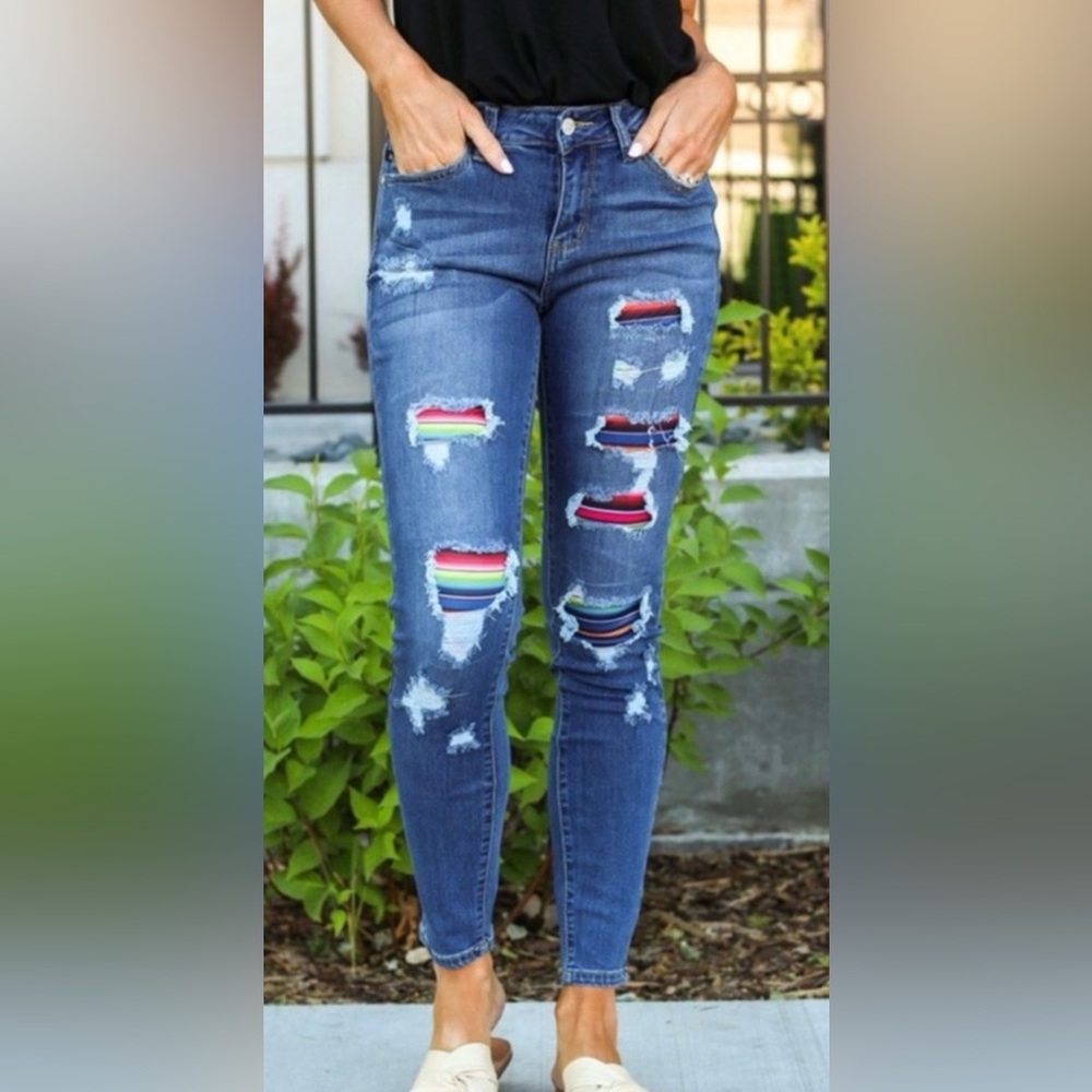 Judy Blue Skinny Fit High Rise Jeans With Serape Patches Under Intentional Rips